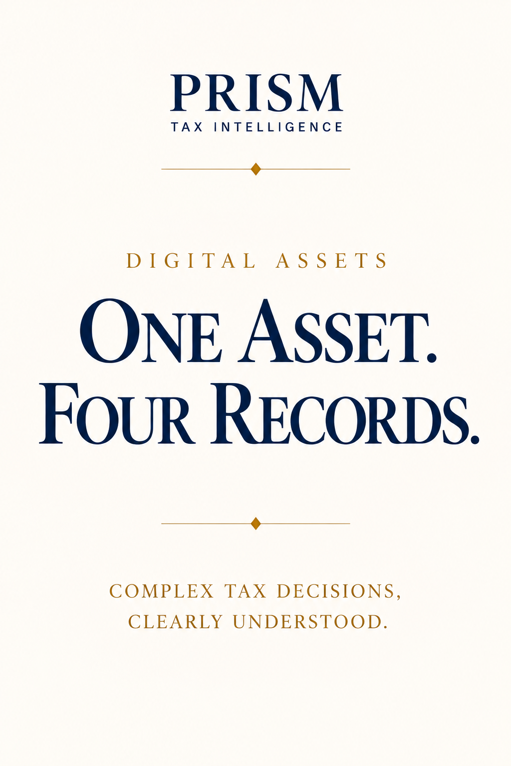 PRISM Tax Intelligence editorial cover plate: Digital Assets — “One asset. Four records.”