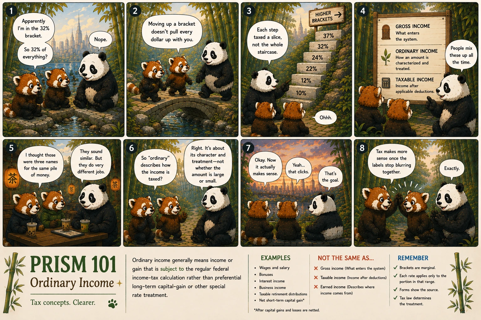 PRISM 101 comic explaining ordinary income and how it differs from gross income, taxable income, and capital gains.