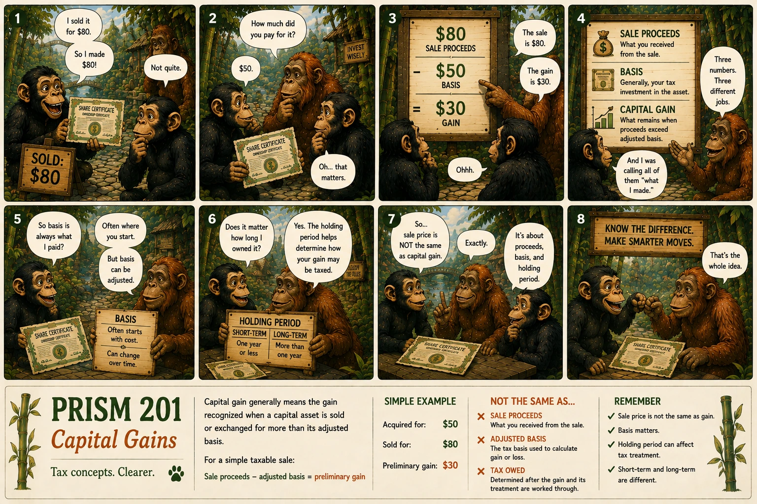 PRISM 201 comic explaining how sale proceeds and adjusted basis are used to determine capital gain and why holding period matters.