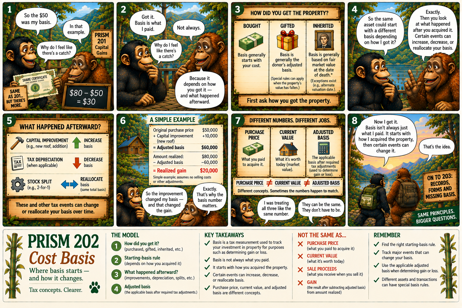 PRISM 202 illustrated Cost Basis lesson explaining how acquisition method establishes starting basis and later tax events can change or reallocate adjusted basis.